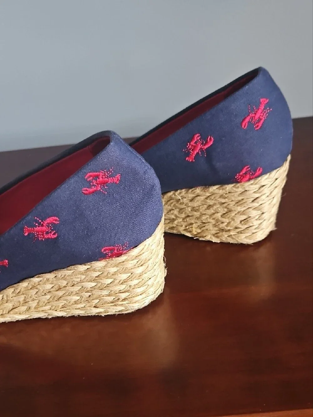 Ralph Lauren Navy Espadrille Wedge with Red Lobster Embroidery